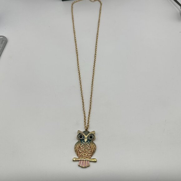 3/$30 Owl Pendant Necklace Gold Tone Multicolored Enamel Geometric Long Chain - Picture 8 of 12